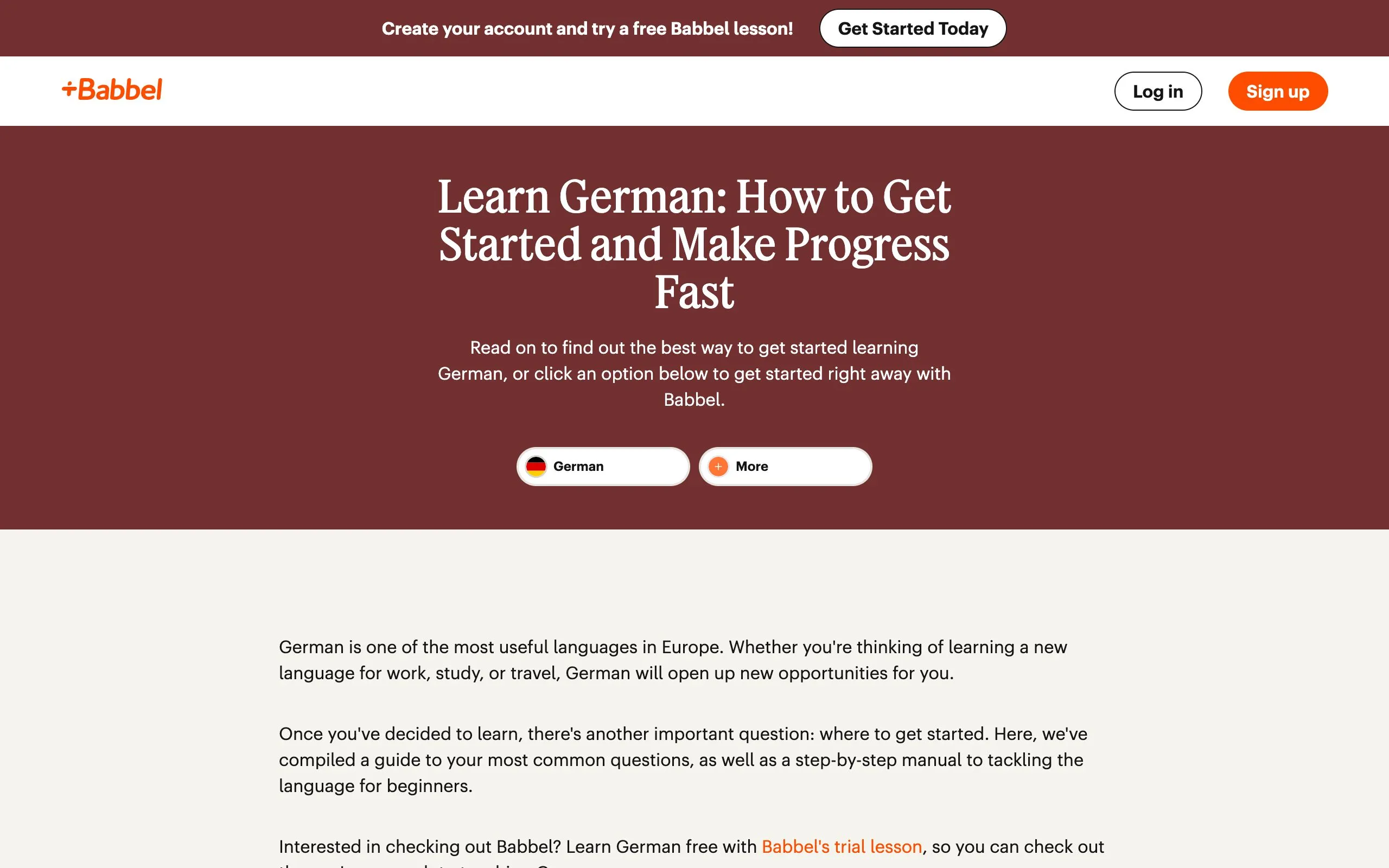 Babbel's German landing page, headed Learn German: How to Get Started and Make Progress Fast, with a sign-up bar and a language chooser