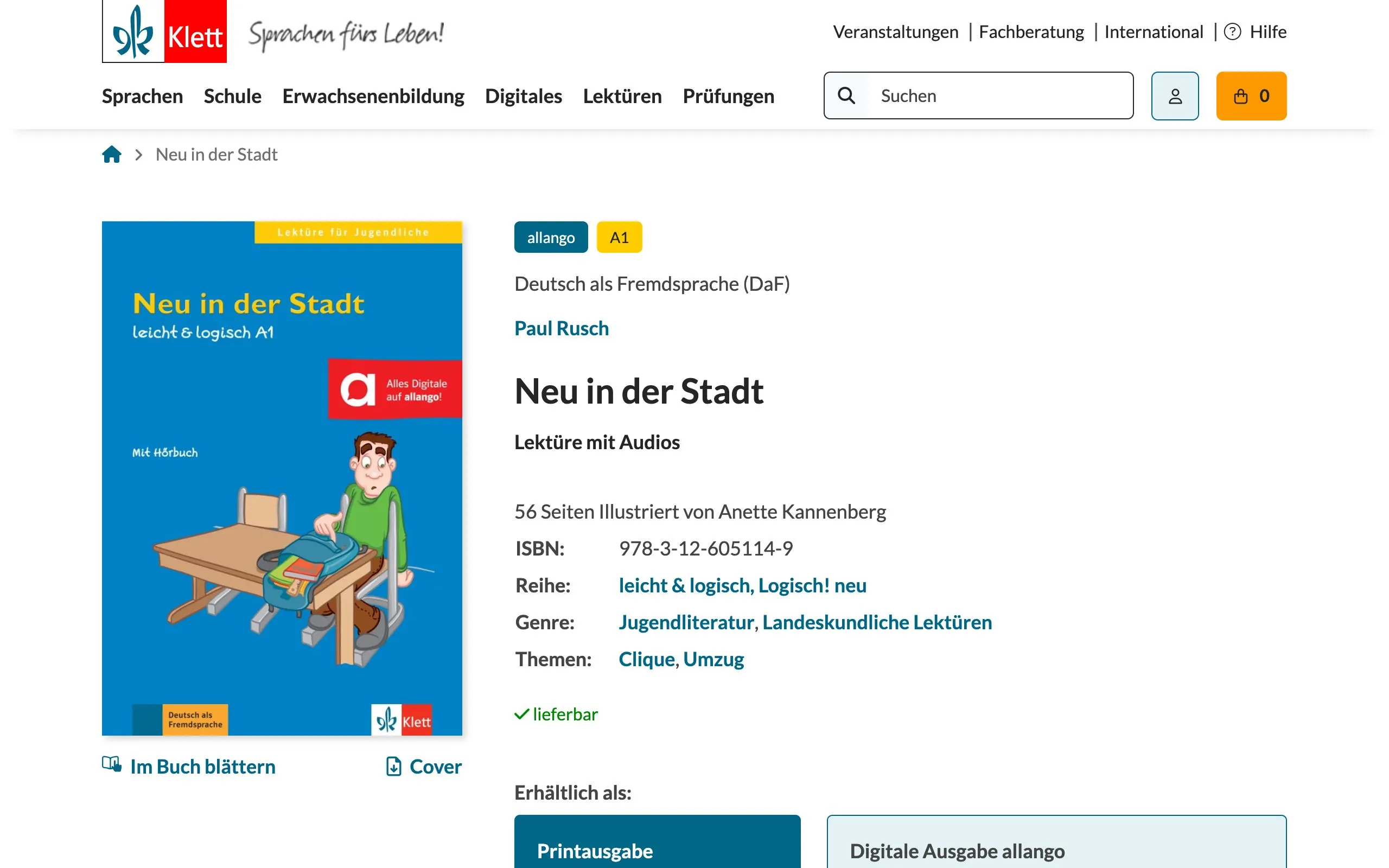 The Klett product page for Neu in der Stadt, showing the A1 badge, the Lektuere mit Audios subtitle and the Jugendliteratur genre