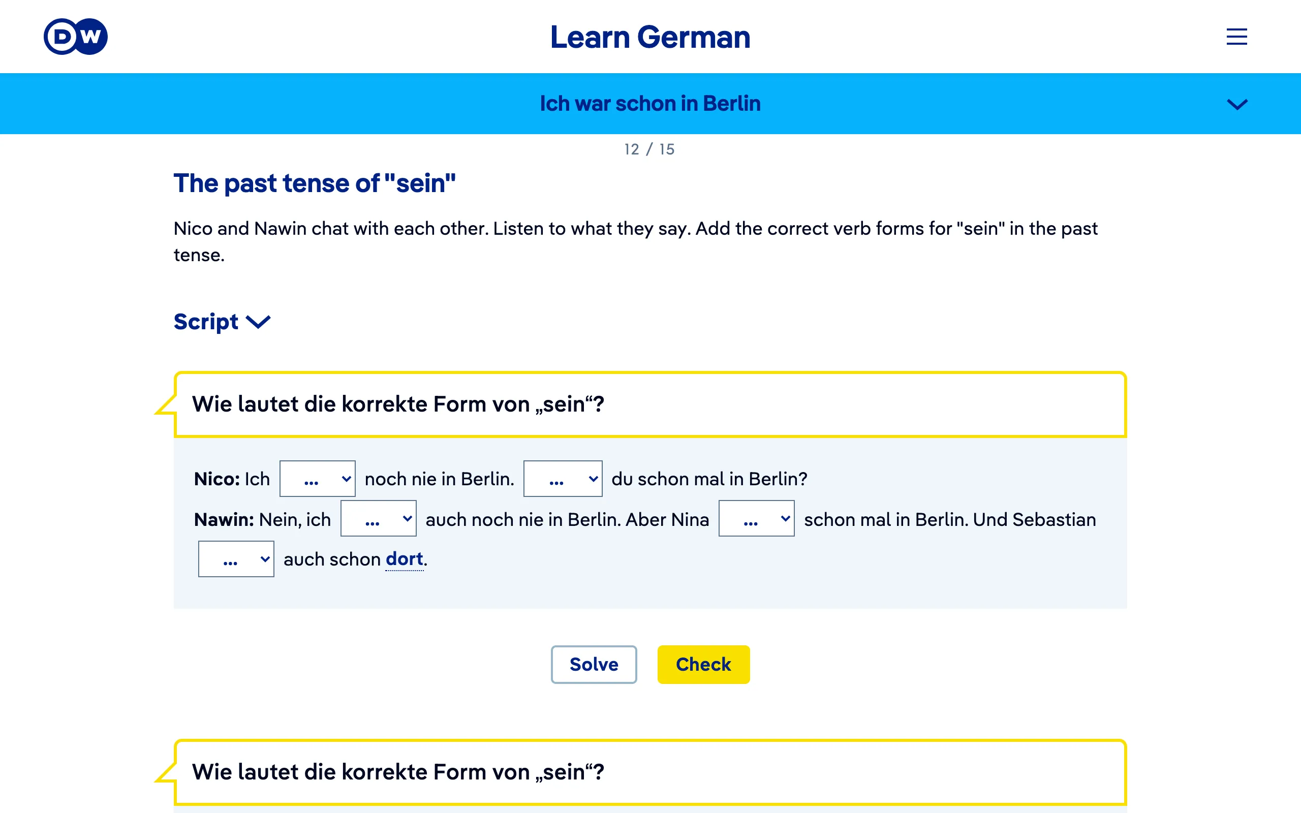 The disputed exercise on DW’s site: a gap-fill dialogue between Nico and Nawin with dropdown menus for the missing past-tense forms of sein, under an instruction to listen to the audio first