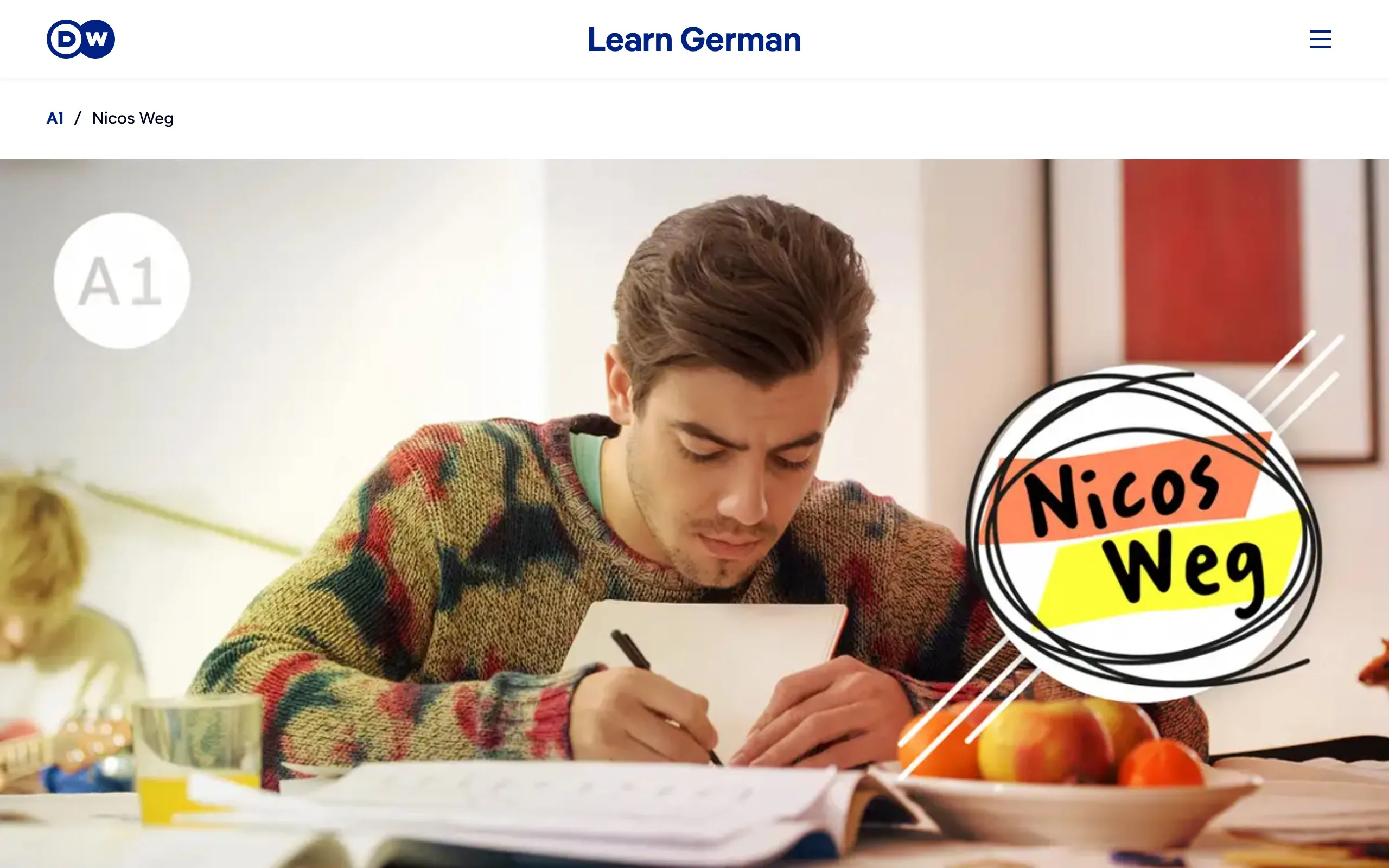 The Nicos Weg A1 course page on Deutsche Welle's site, showing the series title card over a still from the first episode